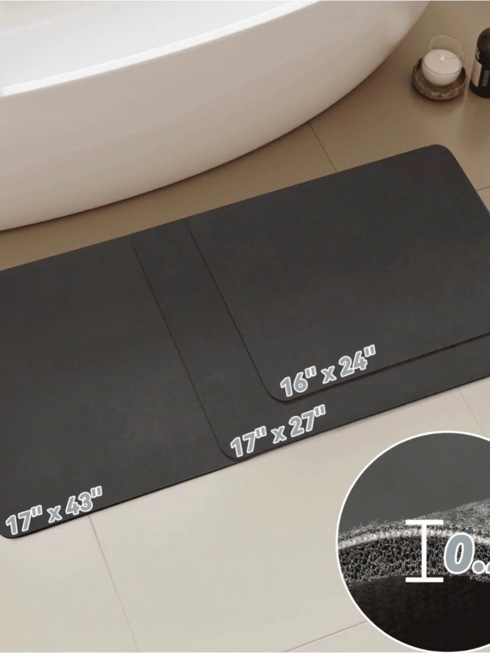 Vunate Fast-Drying Rubber Bath Mat 16” x 24” – Non-Slip, Super Absorbent – Black